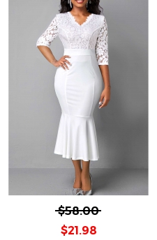 V Neck Lace White Mermaid Dress