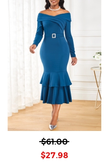 Belted Peacock Blue Long Sleeve Mermaid Dress