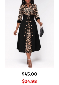 Random Floral Print Button Black Split Neck Dress