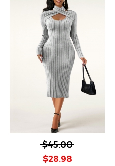 Cut Out Light Grey Long Sleeve Halter Dress