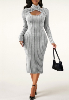 Cut Out Light Grey Long Sleeve Halter Dress