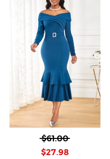 Belted Peacock Blue Long Sleeve Mermaid Dress