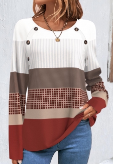 Geometric Print Patchwork Wine Red Round Neck Sweatshirt