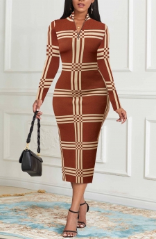 Striped Zipper Light Coffee Long Sleeve Dress