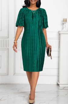 Pleated Round Neck Short Sleeve Green Bodycon Dress