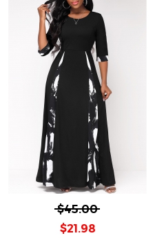 Graffiti Print Insert Black X Shape Maxi Dress