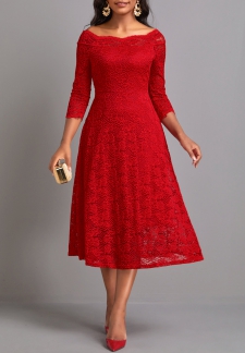 Lace Red Boat Neck Layered Dress