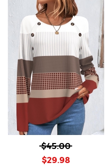 Geometric Print Patchwork Wine Red Round Neck Sweatshirt