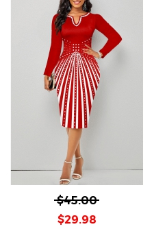 Geometric Print Split Red Long Sleeve Bodycon Dress