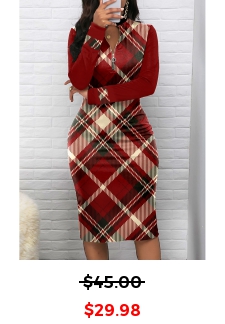 Plaid Zipper Wine Red Long Sleeve Bodycon Dress