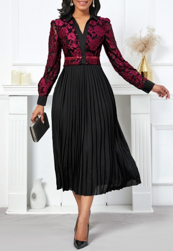 Pleated Black Long Sleeve V Neck Dress