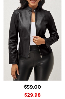Zipper Stand Collar Long Sleeve Black Jacket