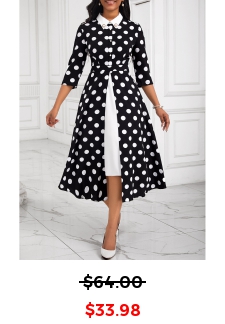 Polka Dot Fake 2in1 Black Polo Collar Dress