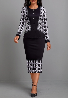 Geometric Print Black Long Sleeve Round Neck Dress
