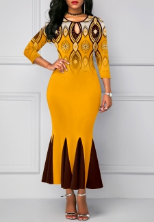 Tribal Print Mermaid Ginger Round Neck Bodycon Dress