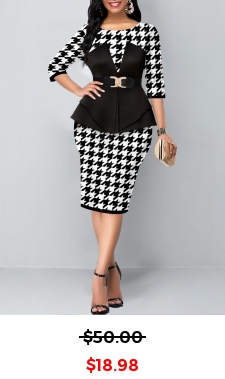 Faux Two Piece Houndstooth Print Black Dress