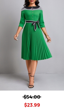 Striped Pleated Belted Green Peter Pan Collar Dress