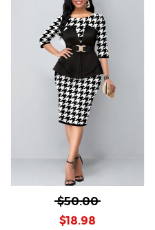 Faux Two Piece Houndstooth Print Black Dress