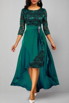 3/4 Sleeve Lace Patchwork Turquoise Dress