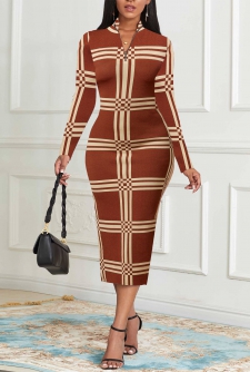 Striped Zipper Light Coffee Long Sleeve Dress