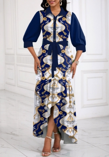 Tribal Print Patchwork Belted Navy High Low Dress
