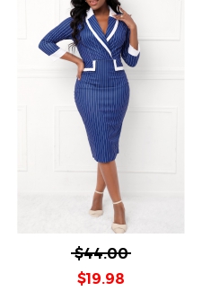 Striped Contrast Binding Dark Blue Bodycon Dress