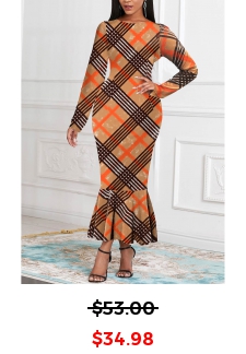 Plaid Dark Coffee Long Sleeve Mermaid Dress