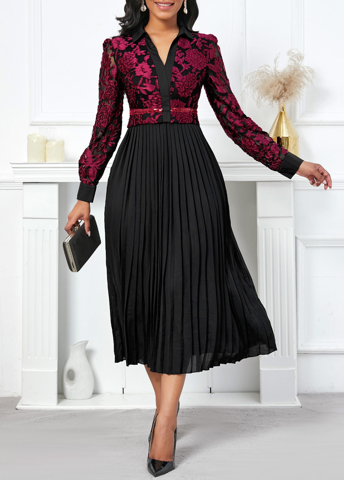 Pleated Black Long Sleeve V Neck Dress
