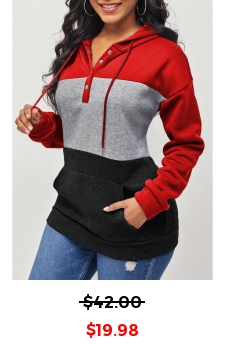 Contrast Kangaroo Pocket Drawstring Red Hoodie