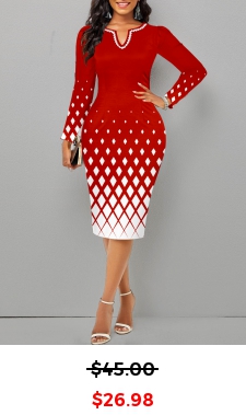 Geometric Print Split Christmas Red Long Sleeve Dress