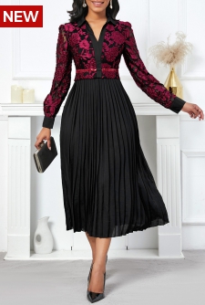 Pleated Black Long Sleeve V Neck Dress