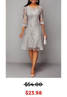 Lace Panel 3/4 Sleeve Light Grey Dress