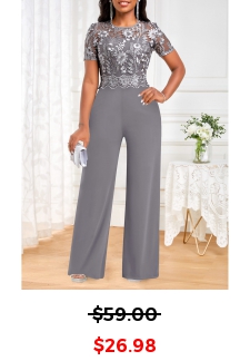 Long Round Neck Embroidery Grey Short Sleeve Jumpsuit