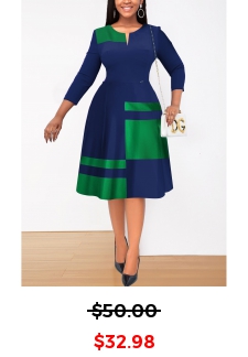Geometric Print Patchwork Navy Zipper Dress