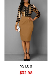 Geometric Print Patchwork Light Coffee Bodycon Dress