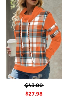 Plaid Patchwork Orange Cowl Neck Long Sleeve Sweatshirt