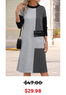 Patchwork Light Grey A Line Long Sleeve Dress