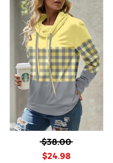 Plaid Patchwork Light Yellow Cowl Neck Sweatshirt