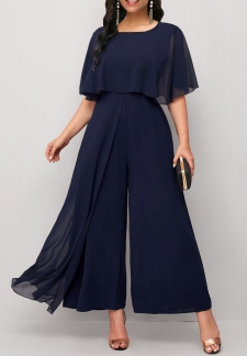 Navy Ankle Length Round Neck Asymmetry Jumpsuit