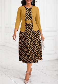 Geometric Print Two Piece Belted Ginger Round Neck Dress and Cardigan