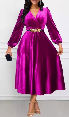 Surplice Hot Pink Long Sleeve Cross Collar Dress