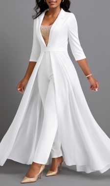 Sequin Ankle Length Lapel Regular White Jumpsuit