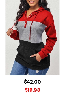 Contrast Kangaroo Pocket Drawstring Red Hoodie