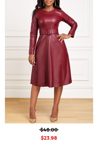 Faux Leather Belted Wine Red Boat Neck Dress