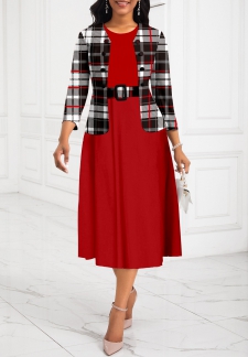 Plaid Two-Piece Belted Red Round Neck Dress and Cardigan