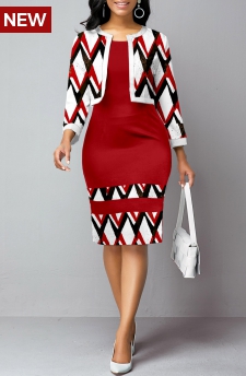 Geometric Print Patchwork Wine Red Round Neck Bodycon Dress and Cardigan