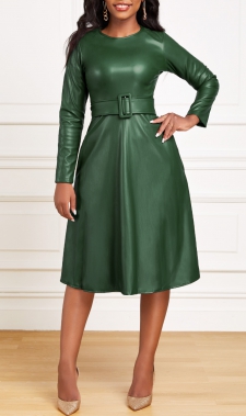 Belted Green Boat Neck Long Sleeve Dress
