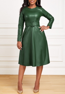Belted Green Boat Neck Long Sleeve Dress