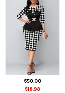 Faux Two Piece Houndstooth Print Black Dress