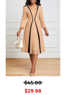 Pleated Light Camel Square Neck Dress